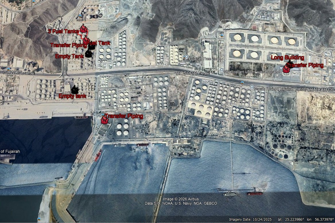 Fujairah Oil Terminal — Fuel Tanks, Admin Building, Transfer Piping Destroyed — satellite evidence